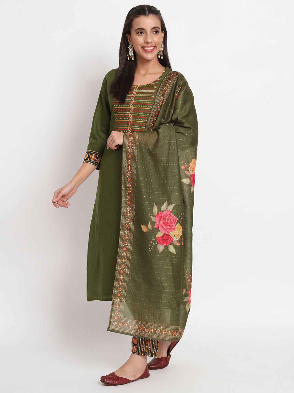Green Cotton Blend Embroidered Stitched Kurta Set