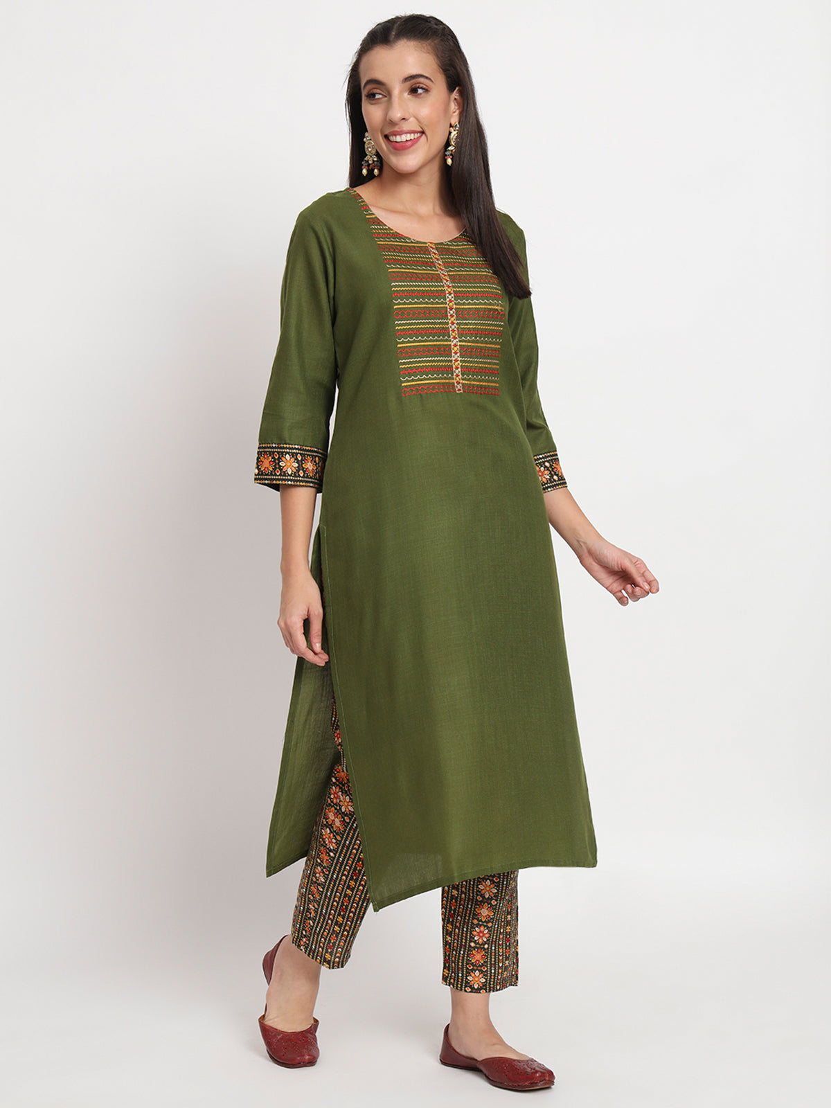 Green Cotton Blend Embroidered Stitched Kurta Set