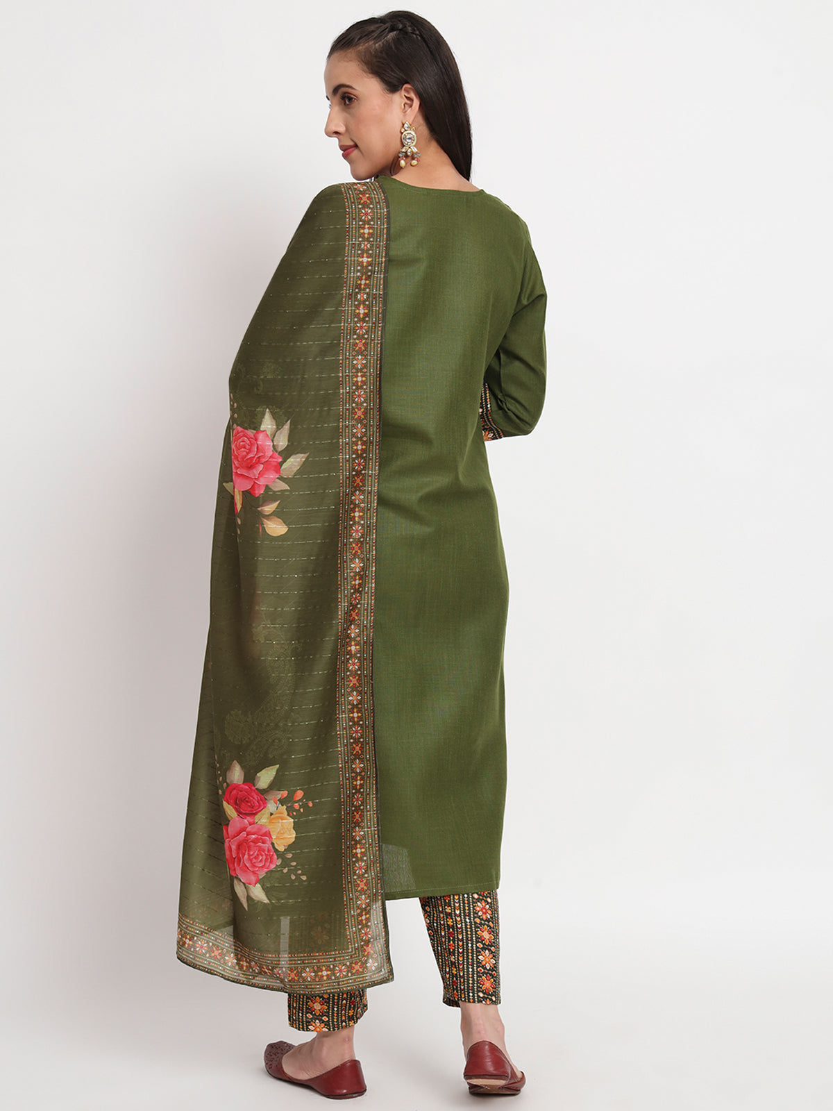 Green Cotton Blend Embroidered Stitched Kurta Set