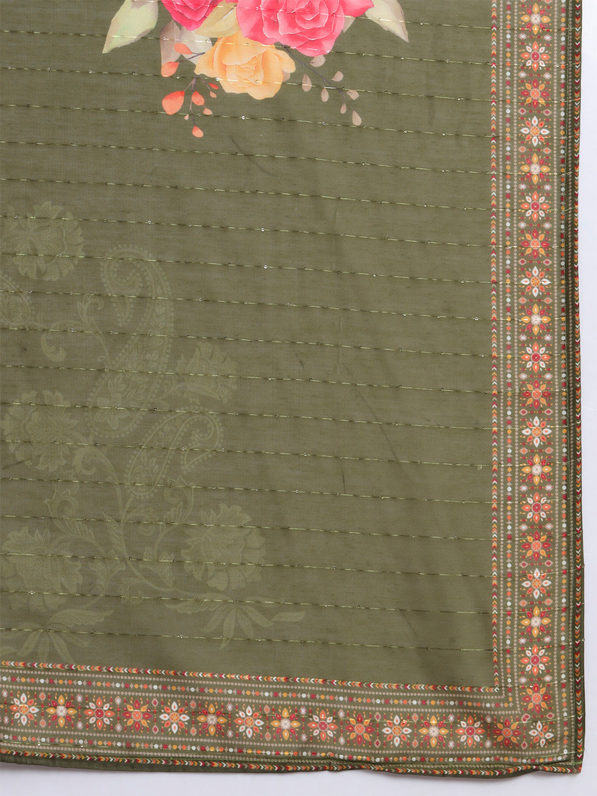 Green Cotton Blend Embroidered Stitched Kurta Set