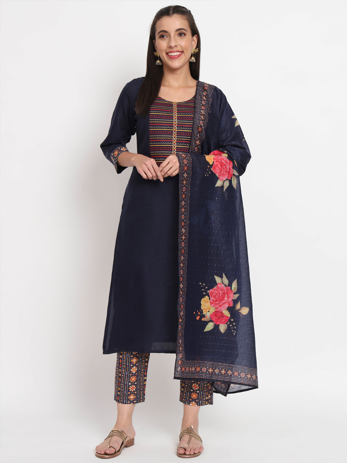 Blue Cotton Blend Embroidered Stitched Kurta Set