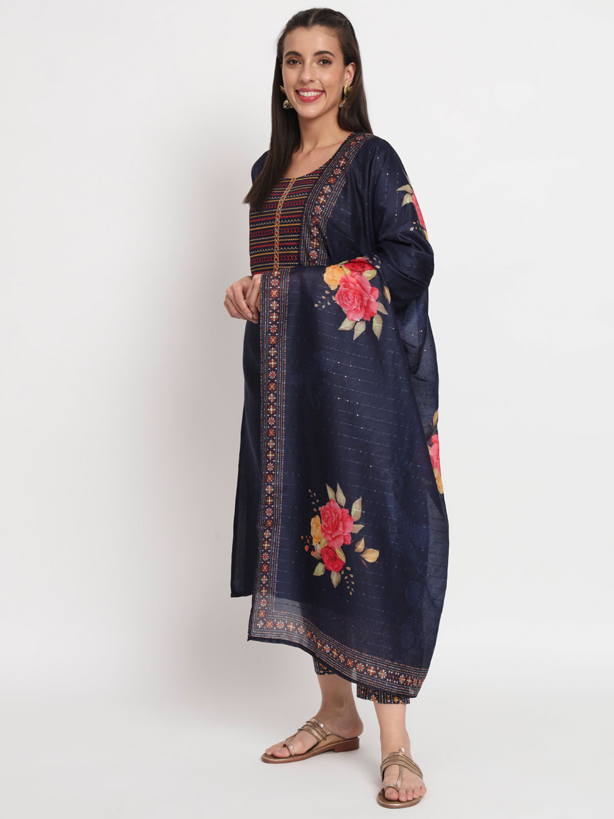Blue Cotton Blend Embroidered Stitched Kurta Set
