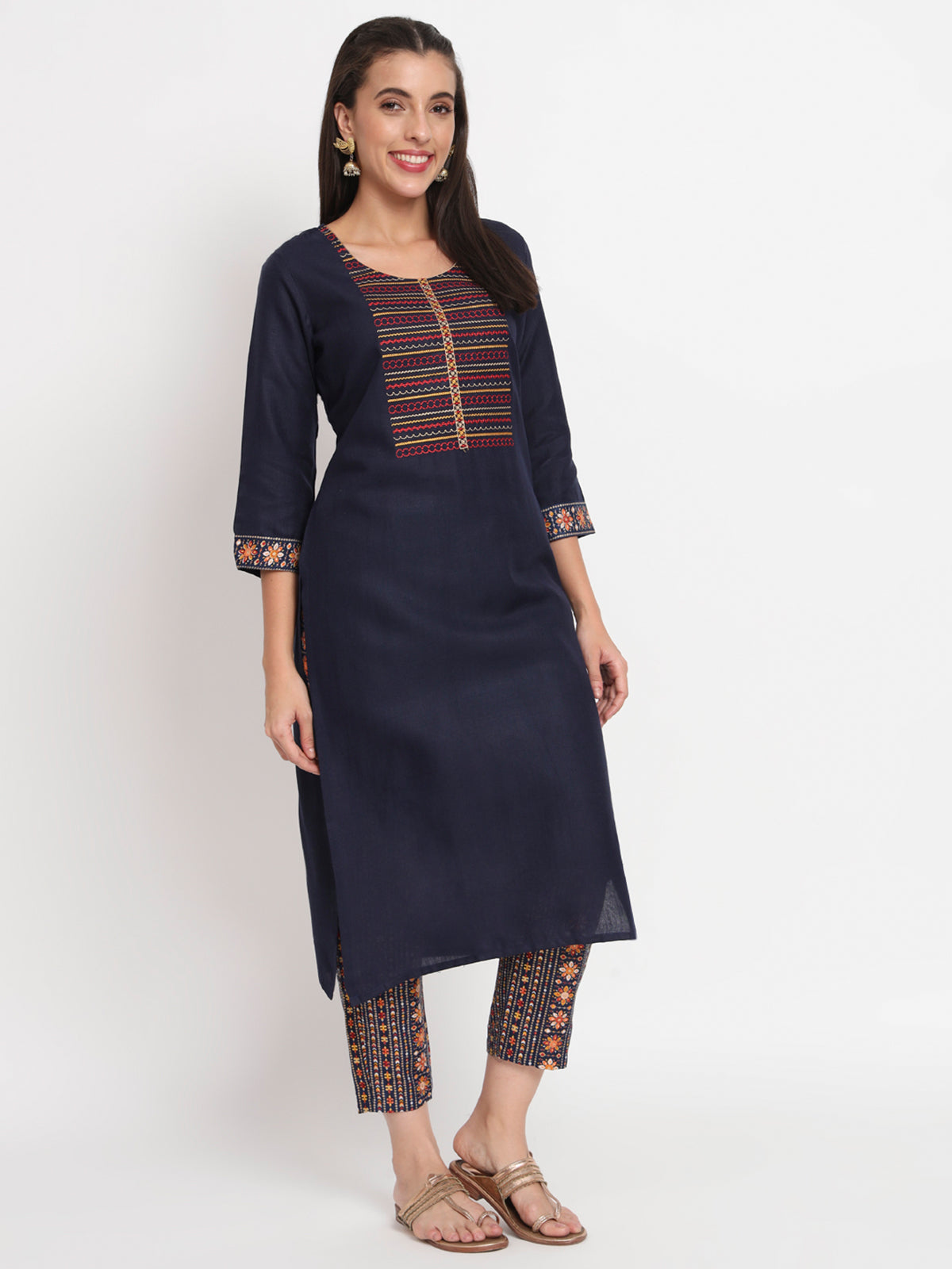 Blue Cotton Blend Embroidered Stitched Kurta Set