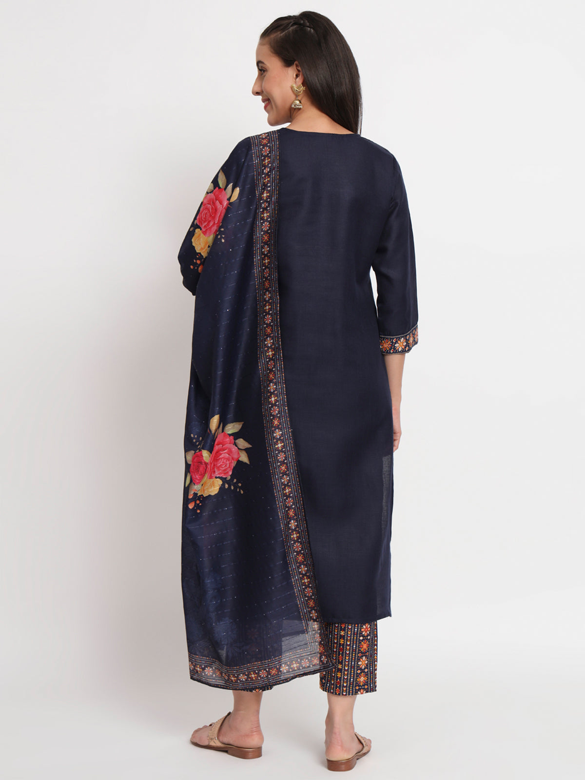Blue Cotton Blend Embroidered Stitched Kurta Set