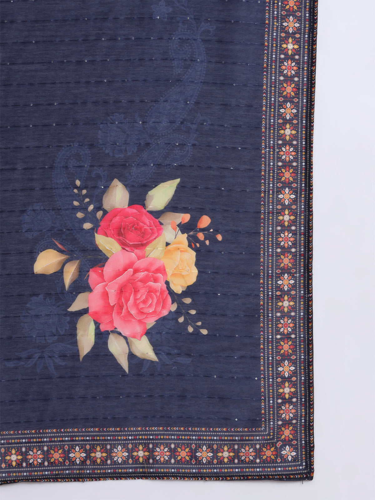 Blue Cotton Blend Embroidered Stitched Kurta Set
