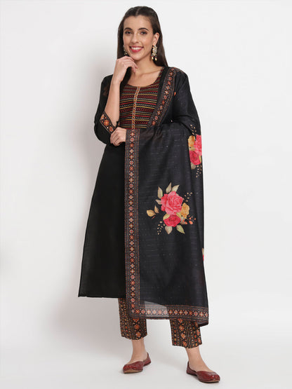 Black Cotton Blend Embroidered Stitched Kurta Set