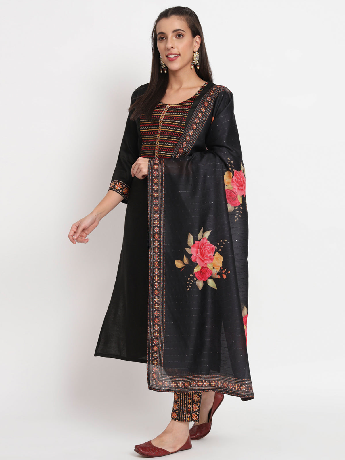 Black Cotton Blend Embroidered Stitched Kurta Set