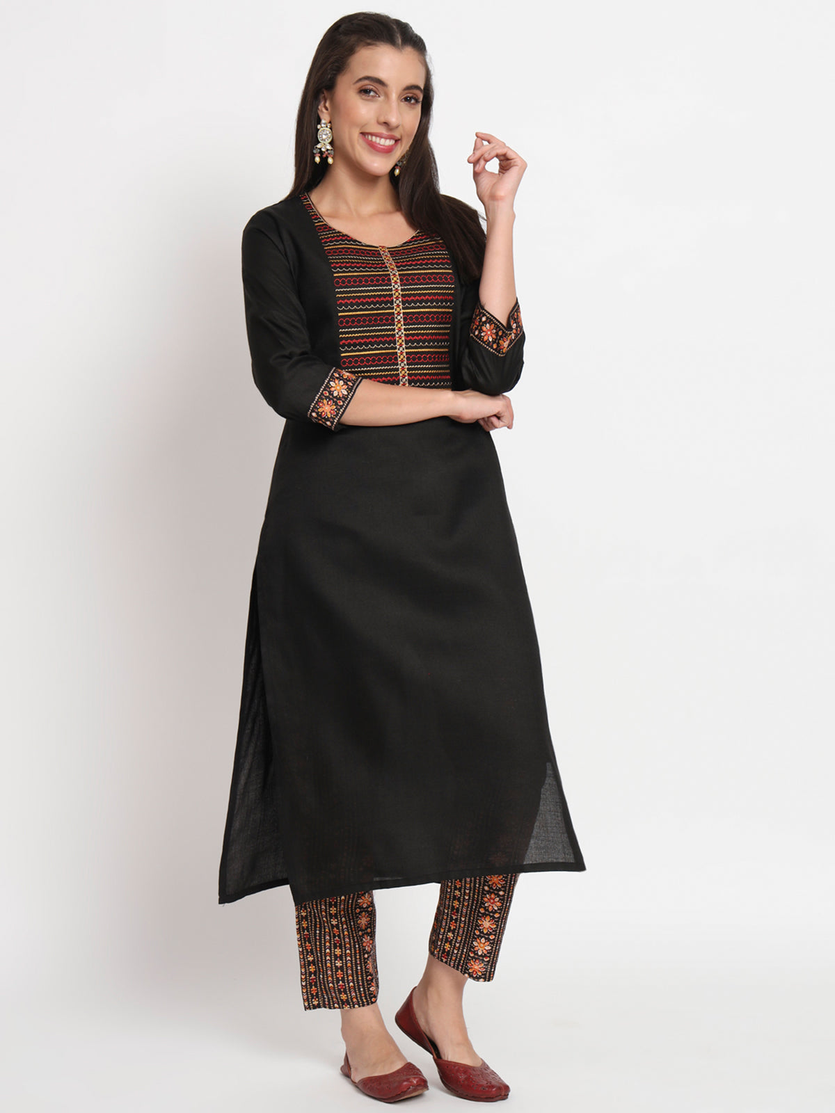 Black Cotton Blend Embroidered Stitched Kurta Set