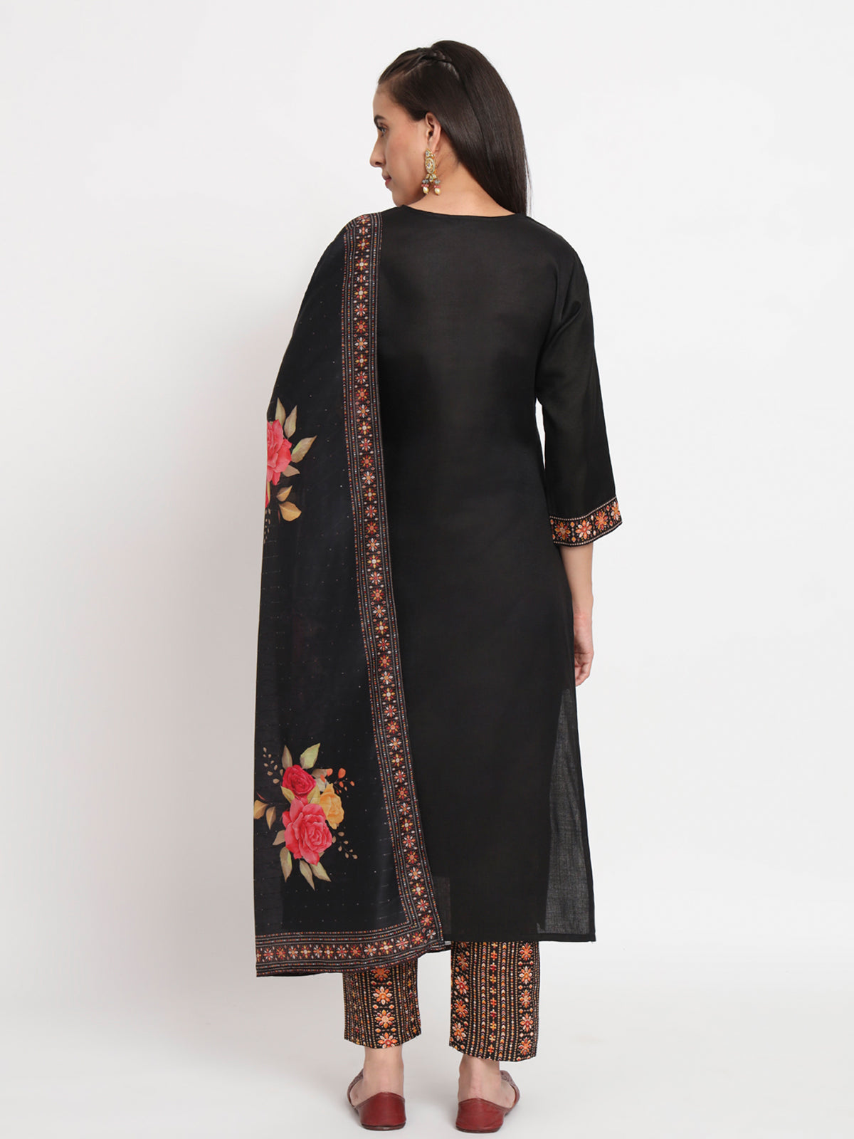 Black Cotton Blend Embroidered Stitched Kurta Set