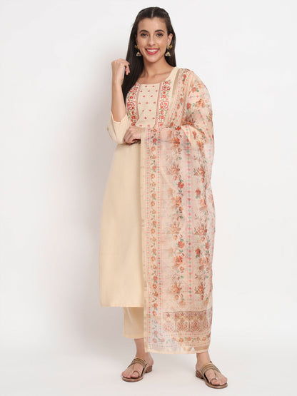 Beige Cotton Blend Embroidered Stitched Kurta Set