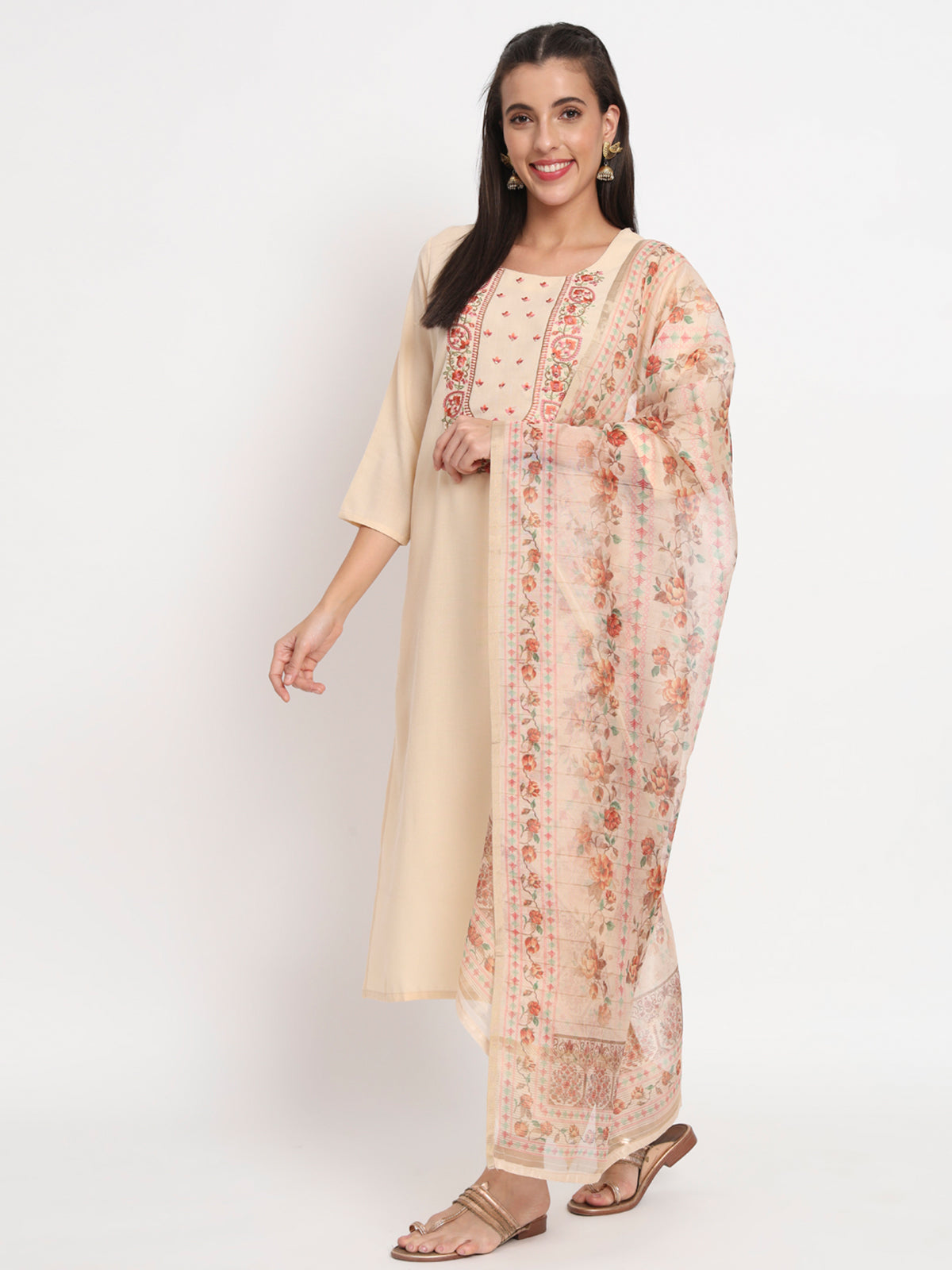 Beige Cotton Blend Embroidered Stitched Kurta Set