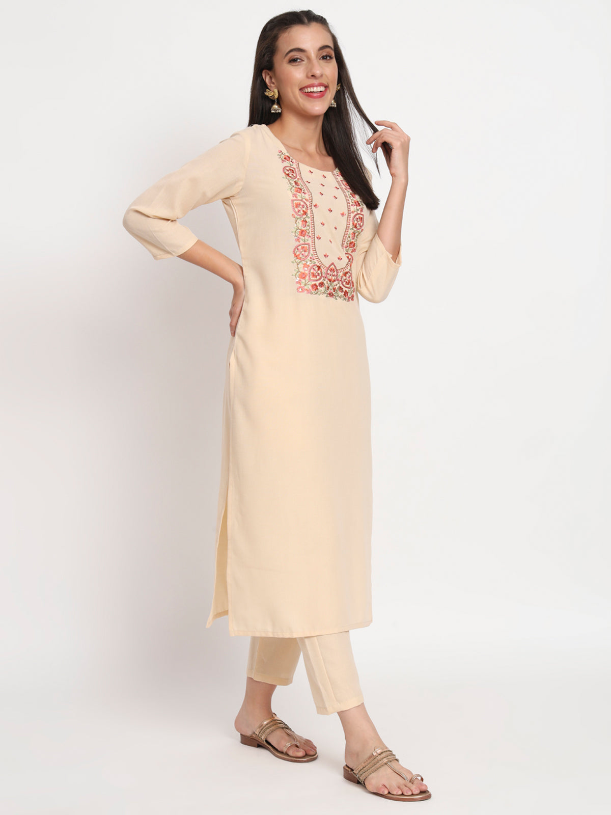 Beige Cotton Blend Embroidered Stitched Kurta Set