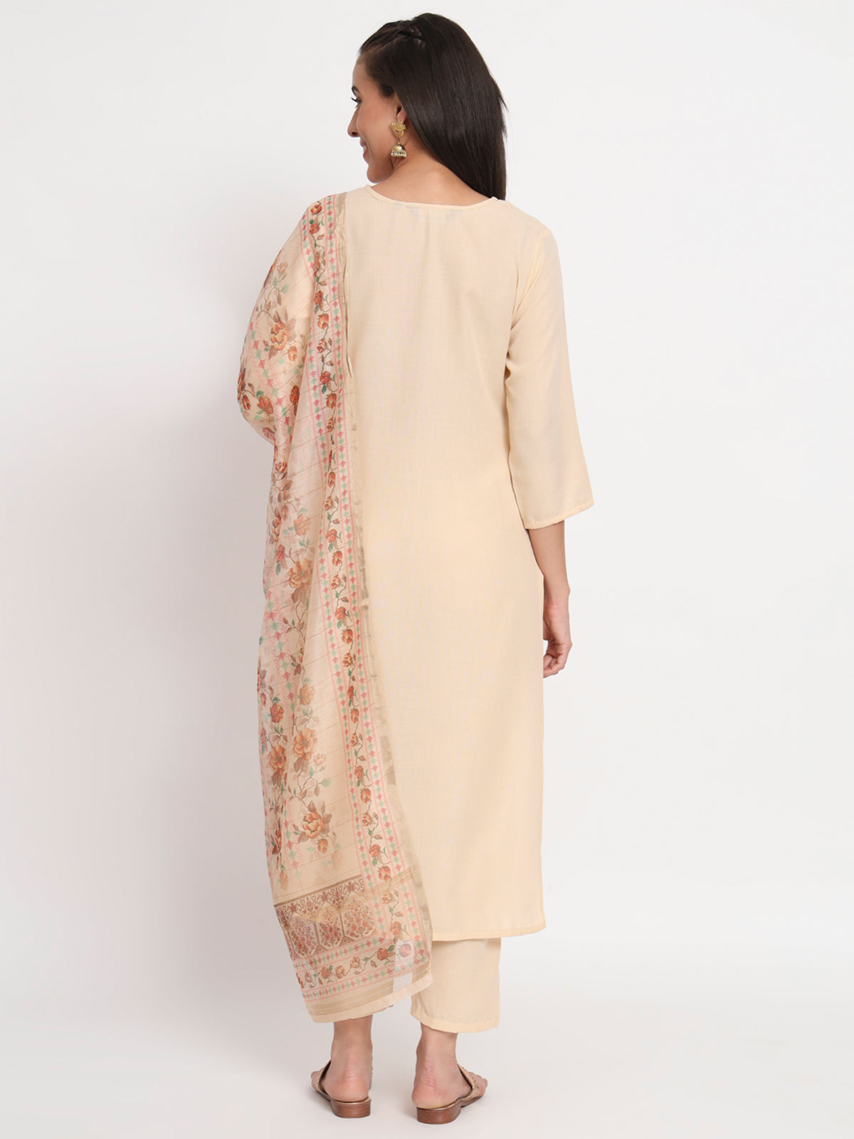 Beige Cotton Blend Embroidered Stitched Kurta Set