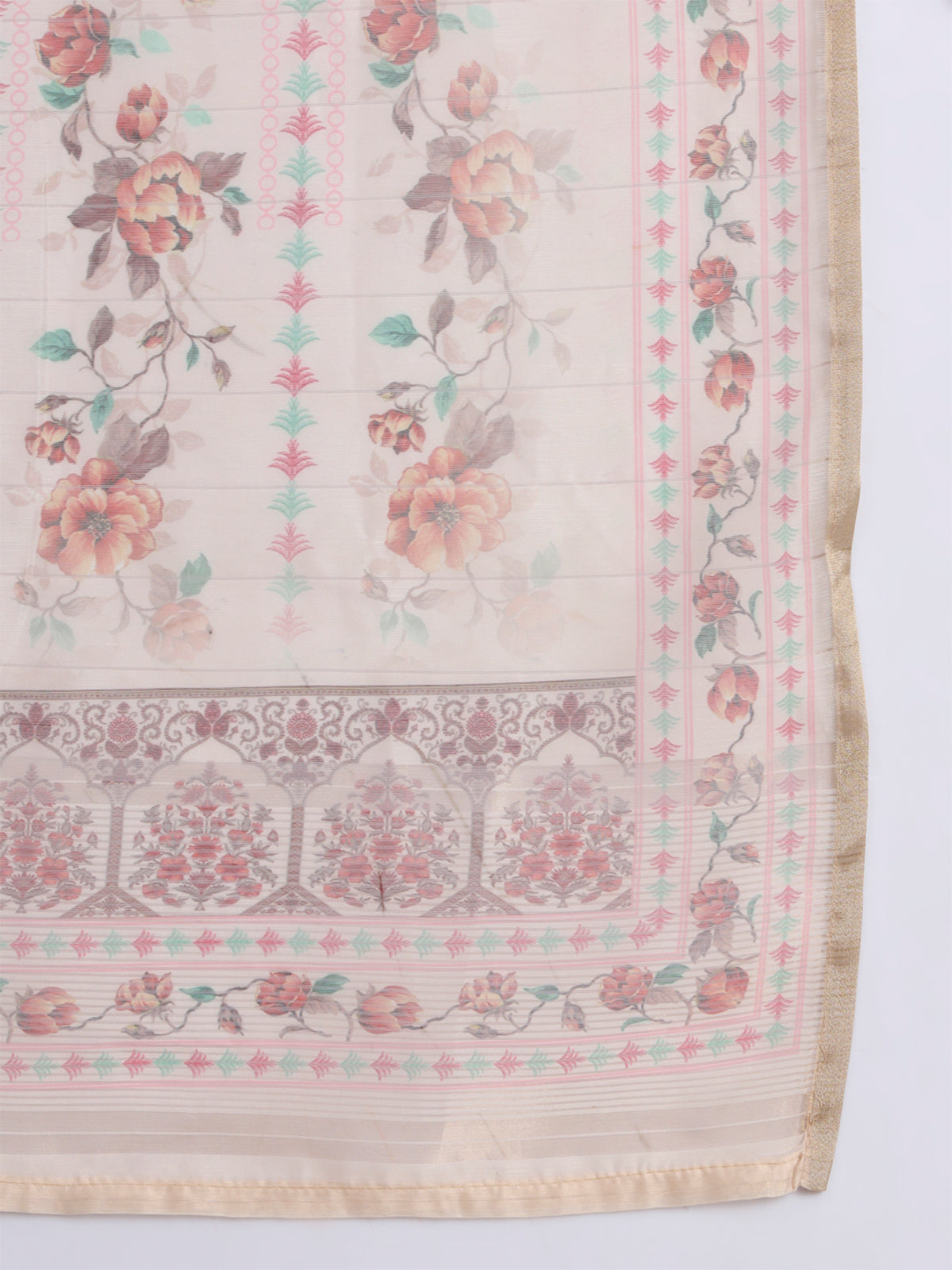 Beige Cotton Blend Embroidered Stitched Kurta Set