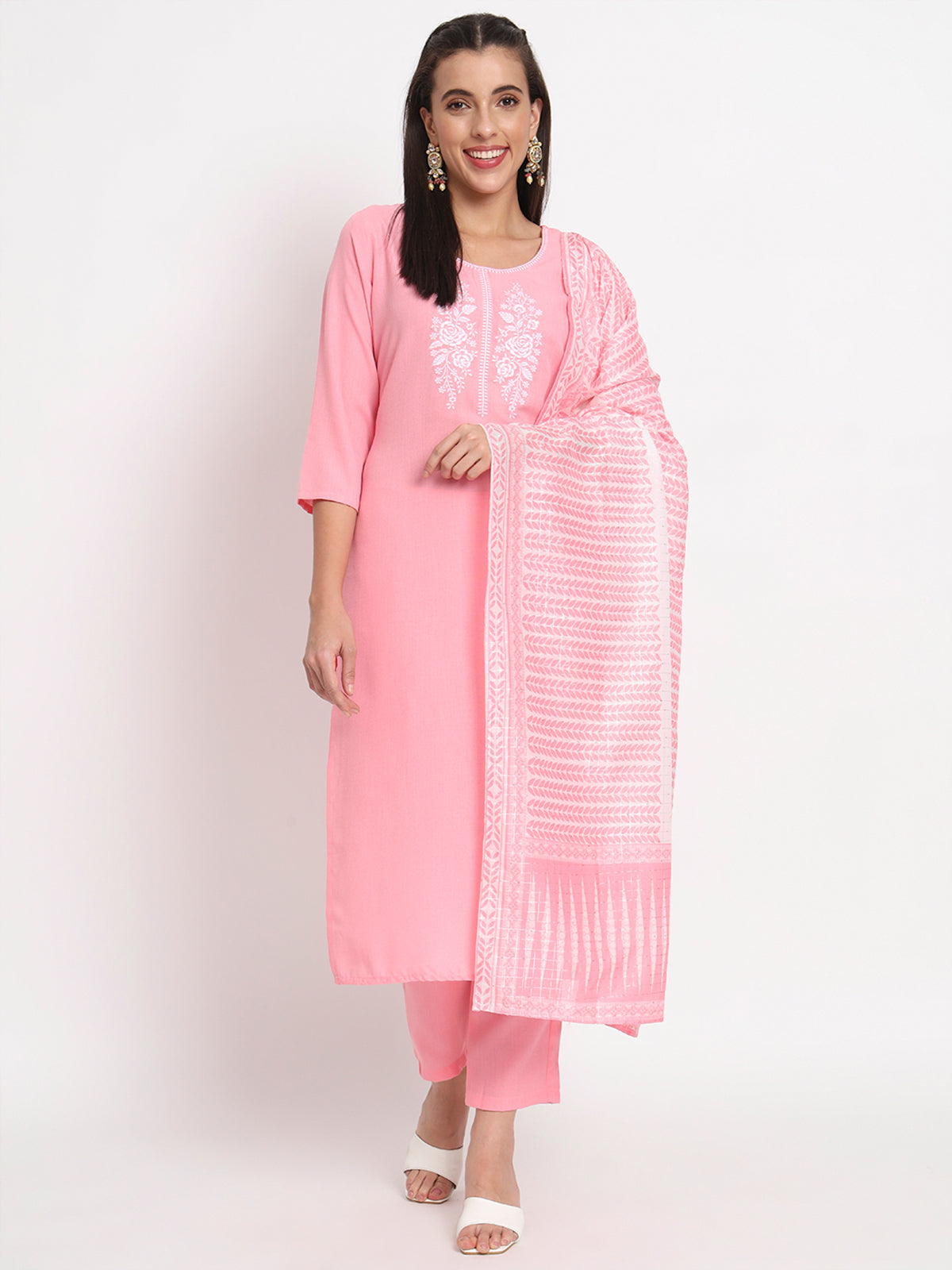 Pink Cotton Blend Embroidered Stitched Kurta Set