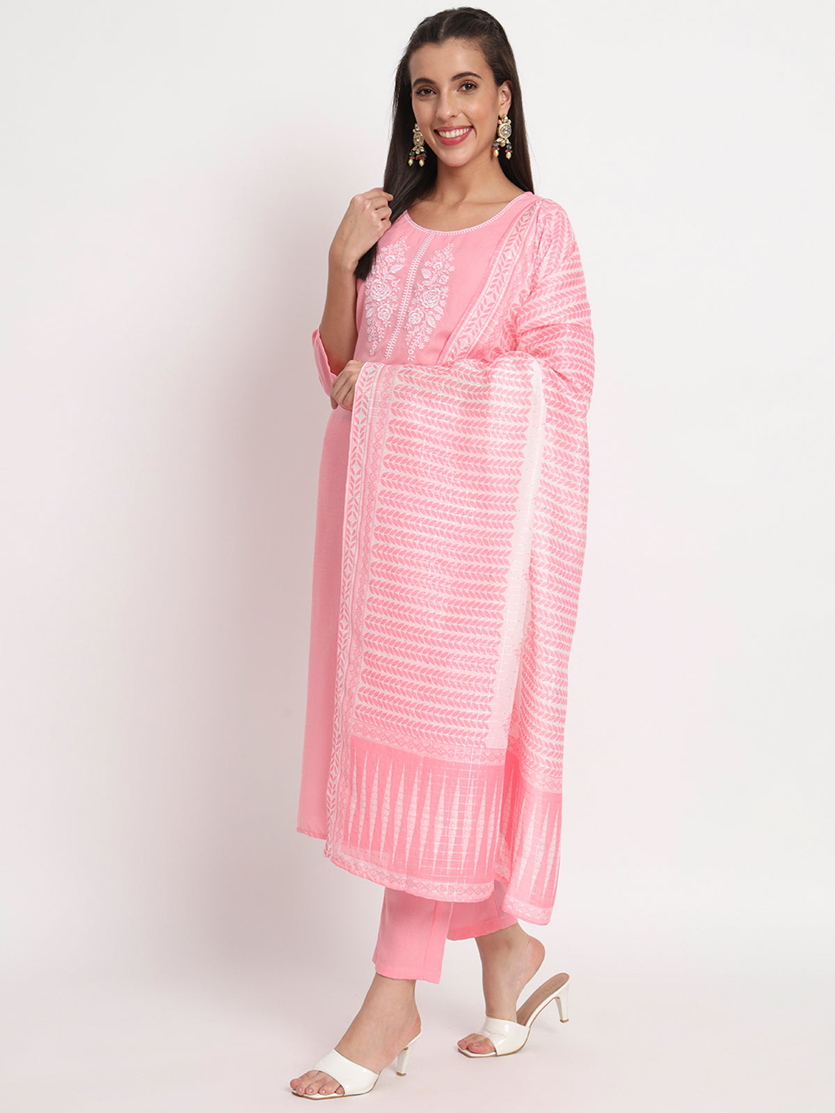 Pink Cotton Blend Embroidered Stitched Kurta Set