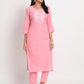 Pink Cotton Blend Embroidered Stitched Kurta Set