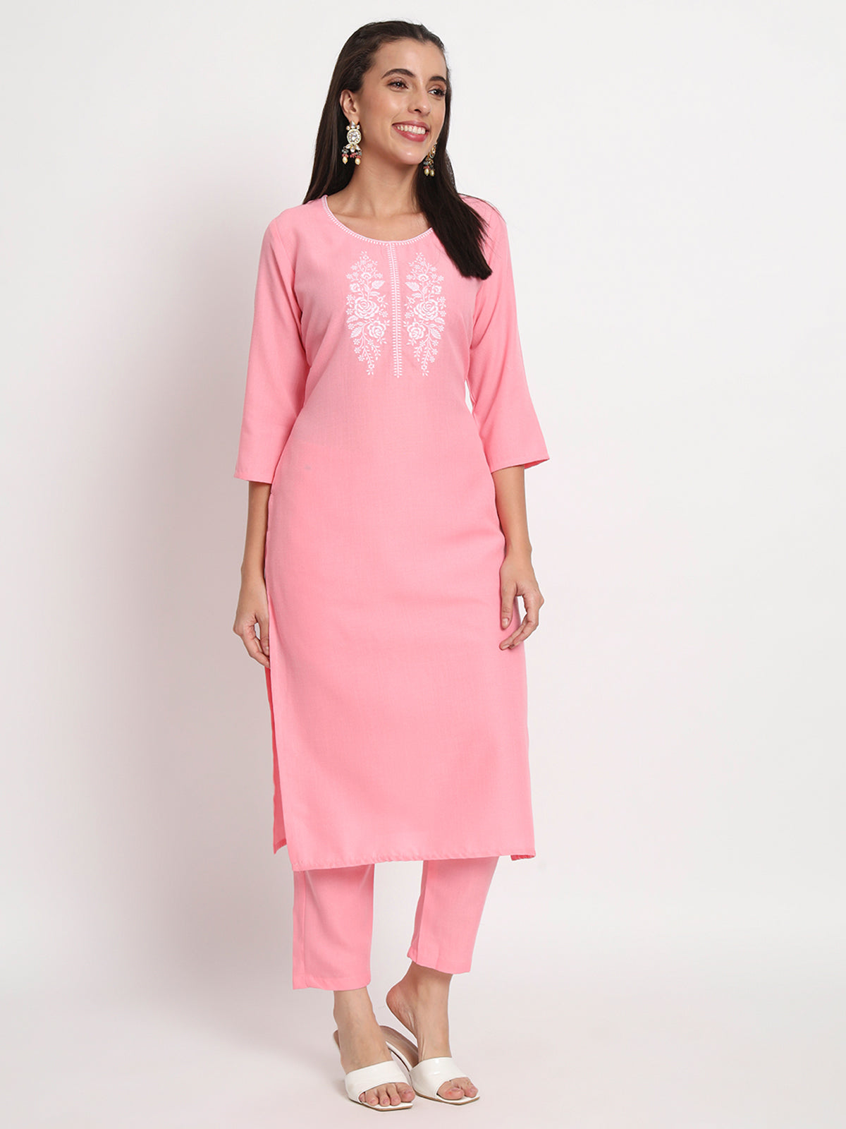 Pink Cotton Blend Embroidered Stitched Kurta Set