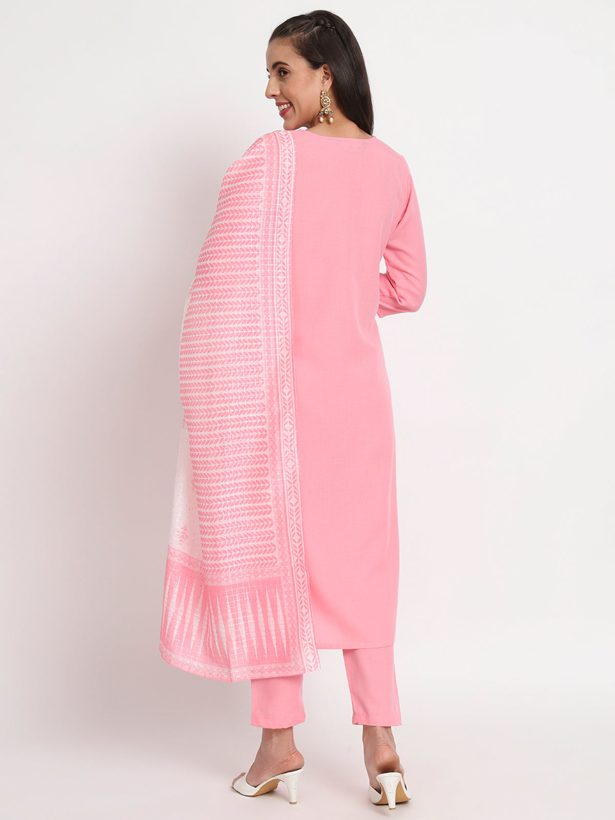 Pink Cotton Blend Embroidered Stitched Kurta Set