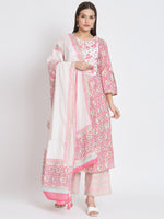 Pink Cotton Floral Printed Stitched Kurta Set