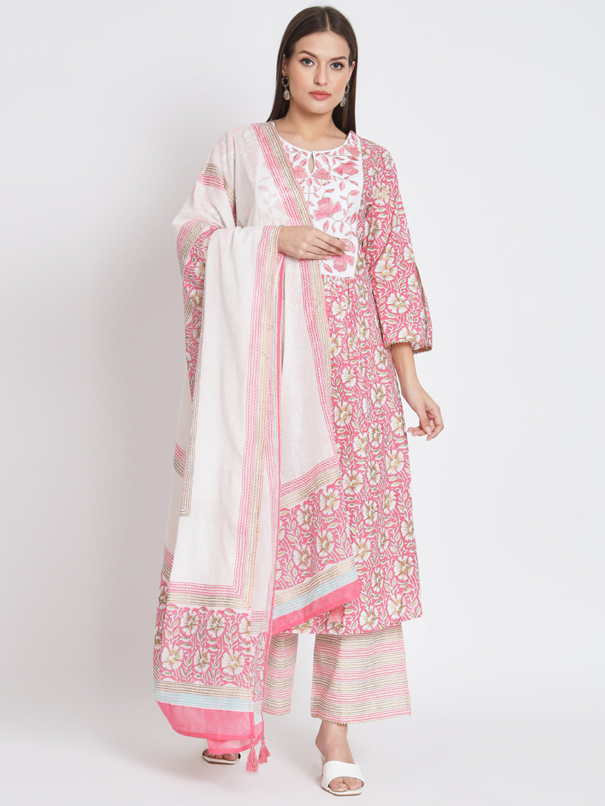 Pink Cotton Floral Printed Stitched Kurta Set