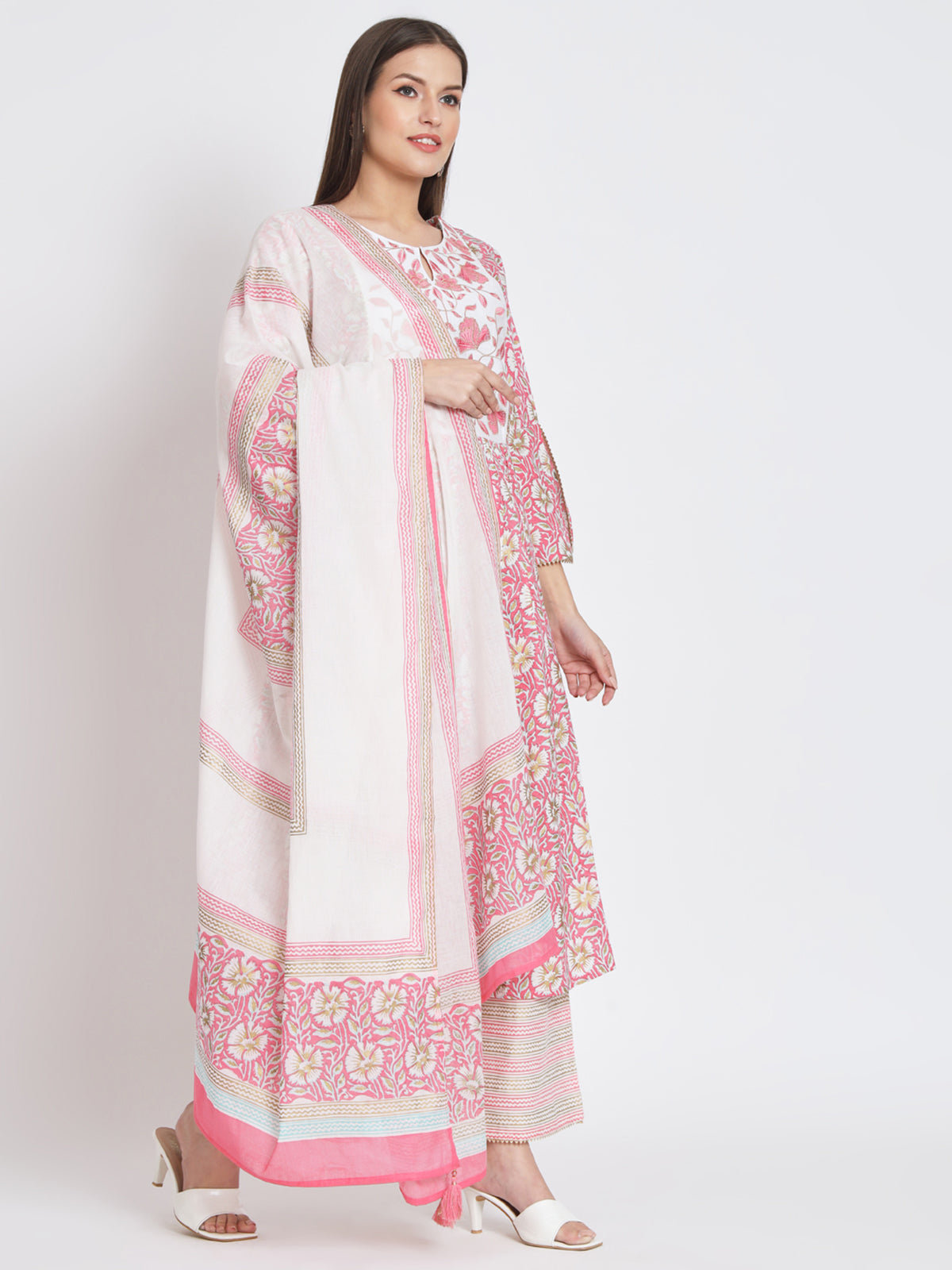 Pink Cotton Floral Printed Stitched Kurta Set