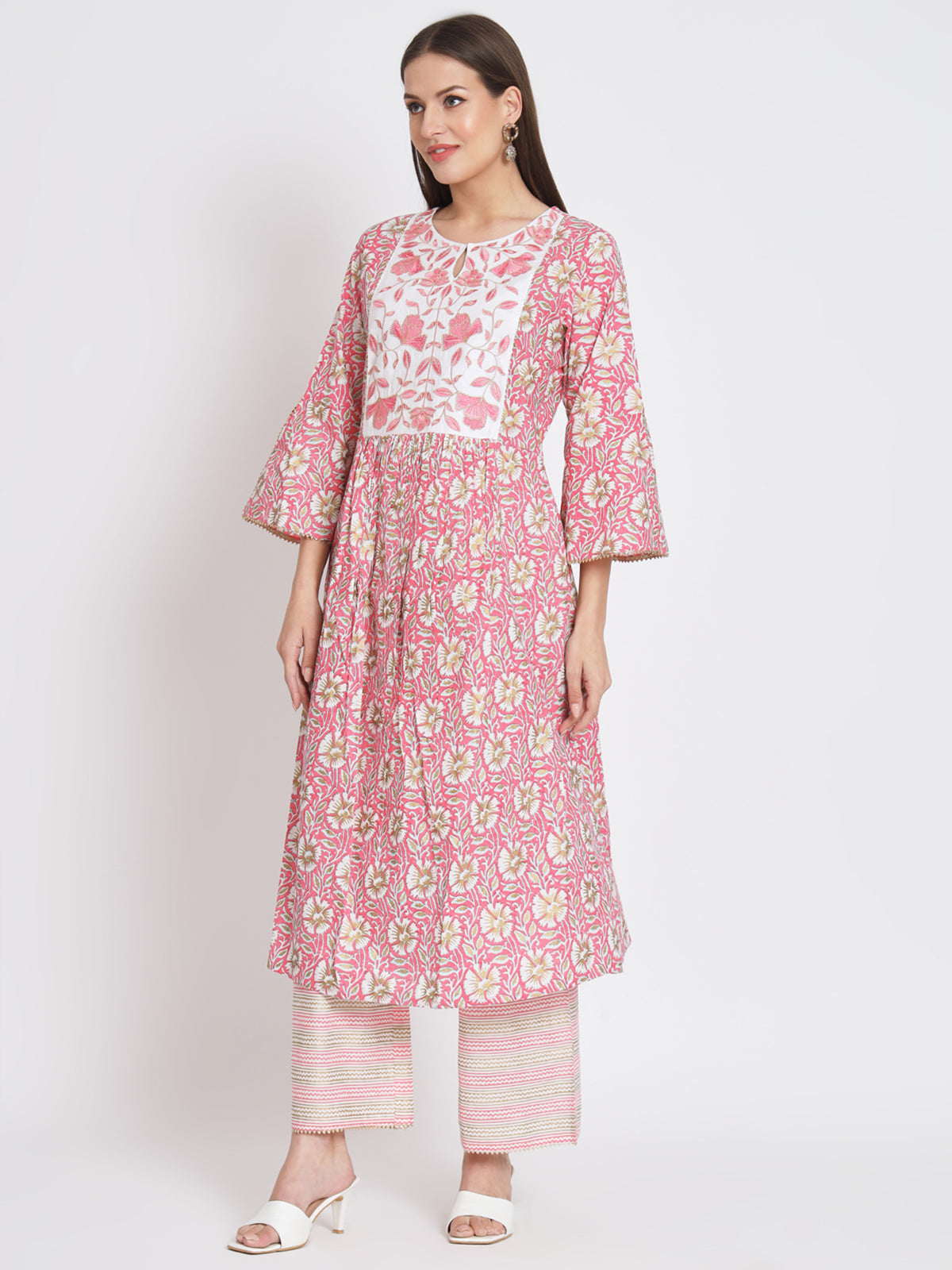 Pink Cotton Floral Printed Stitched Kurta Set