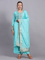 Turquoise Viscose Embroidered Stitched Kurta Set