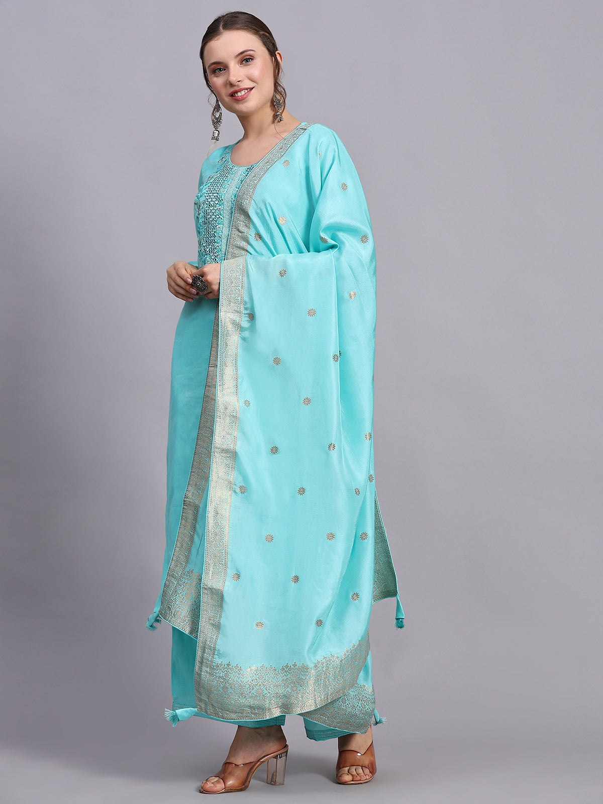 Turquoise Viscose Embroidered Stitched Kurta Set