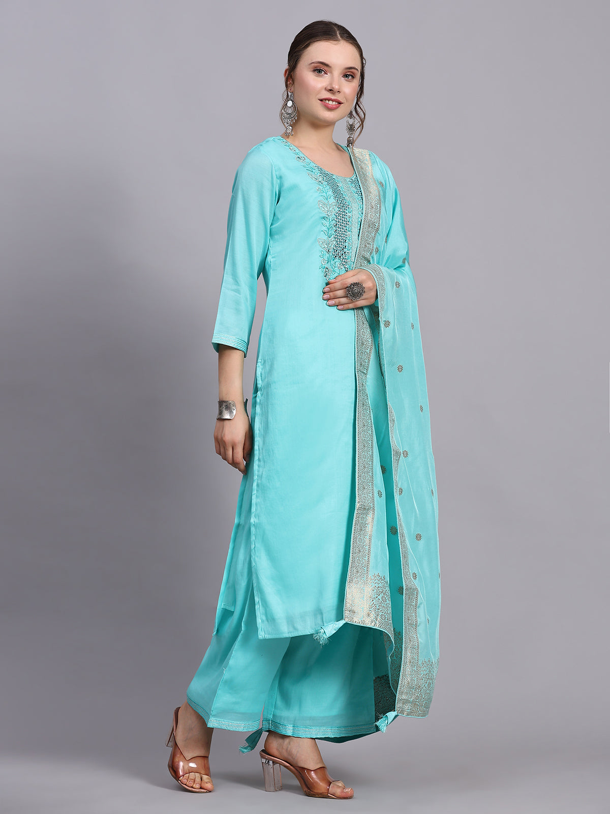 Turquoise Viscose Embroidered Stitched Kurta Set