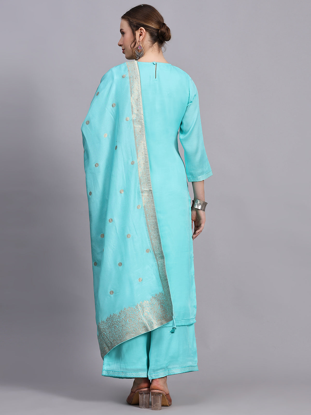 Turquoise Viscose Embroidered Stitched Kurta Set