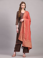 Brown Viscose Embroidered Stitched Kurta Set