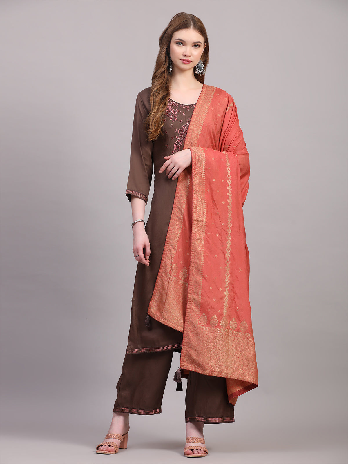 Brown Viscose Embroidered Stitched Kurta Set