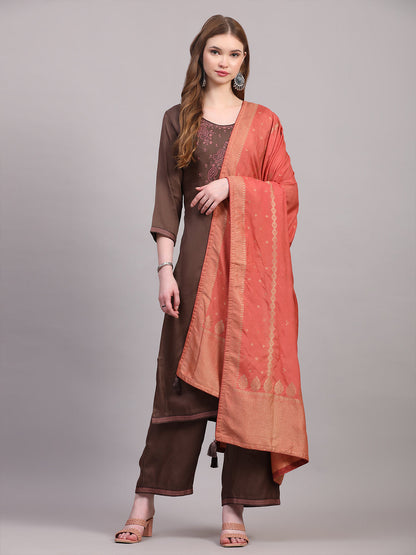 Brown Viscose Embroidered Stitched Kurta Set