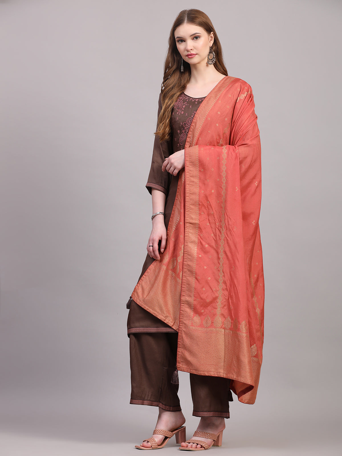 Brown Viscose Embroidered Stitched Kurta Set