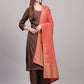 Brown Viscose Embroidered Stitched Kurta Set