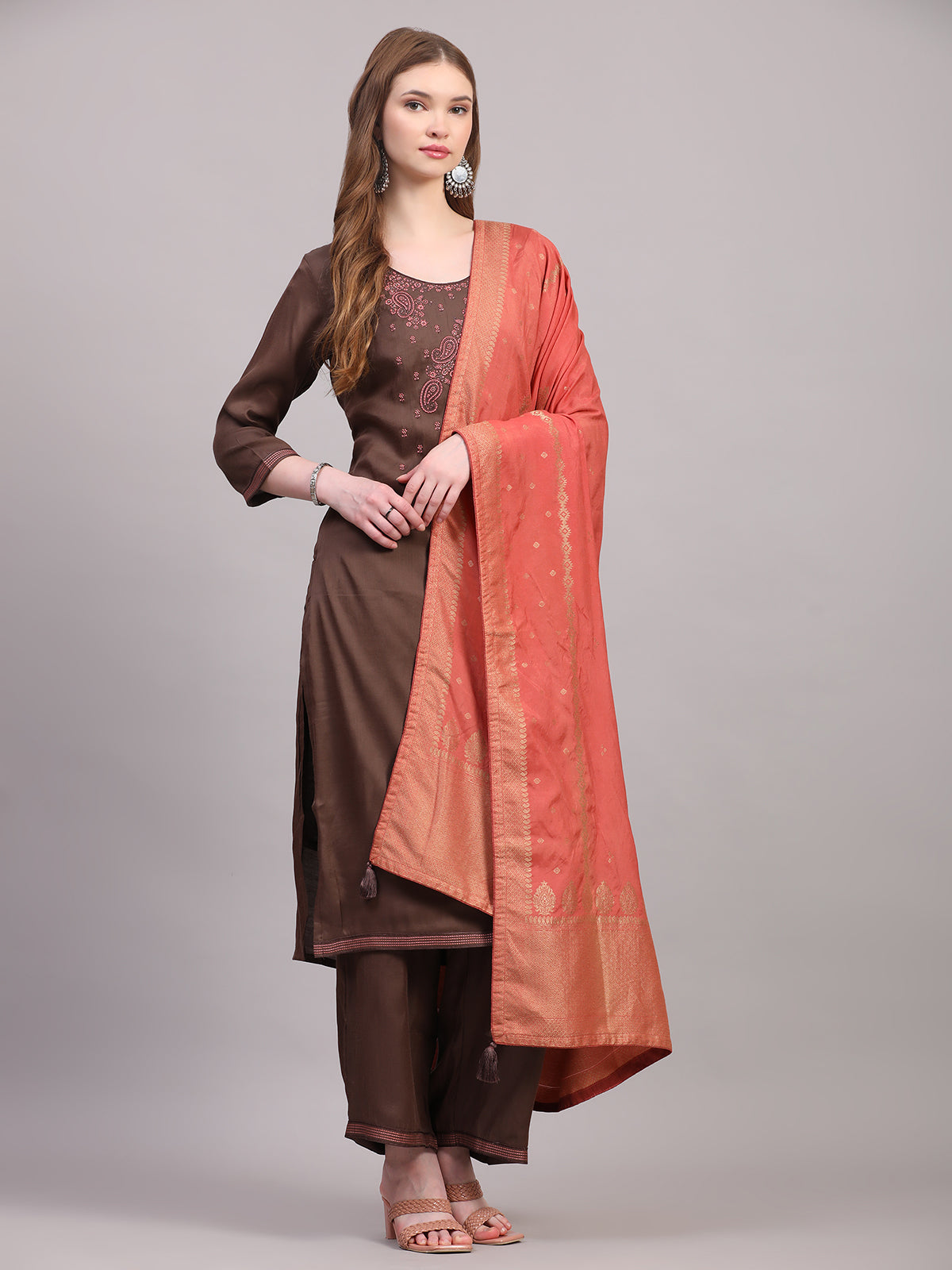 Brown Viscose Embroidered Stitched Kurta Set