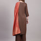 Brown Viscose Embroidered Stitched Kurta Set