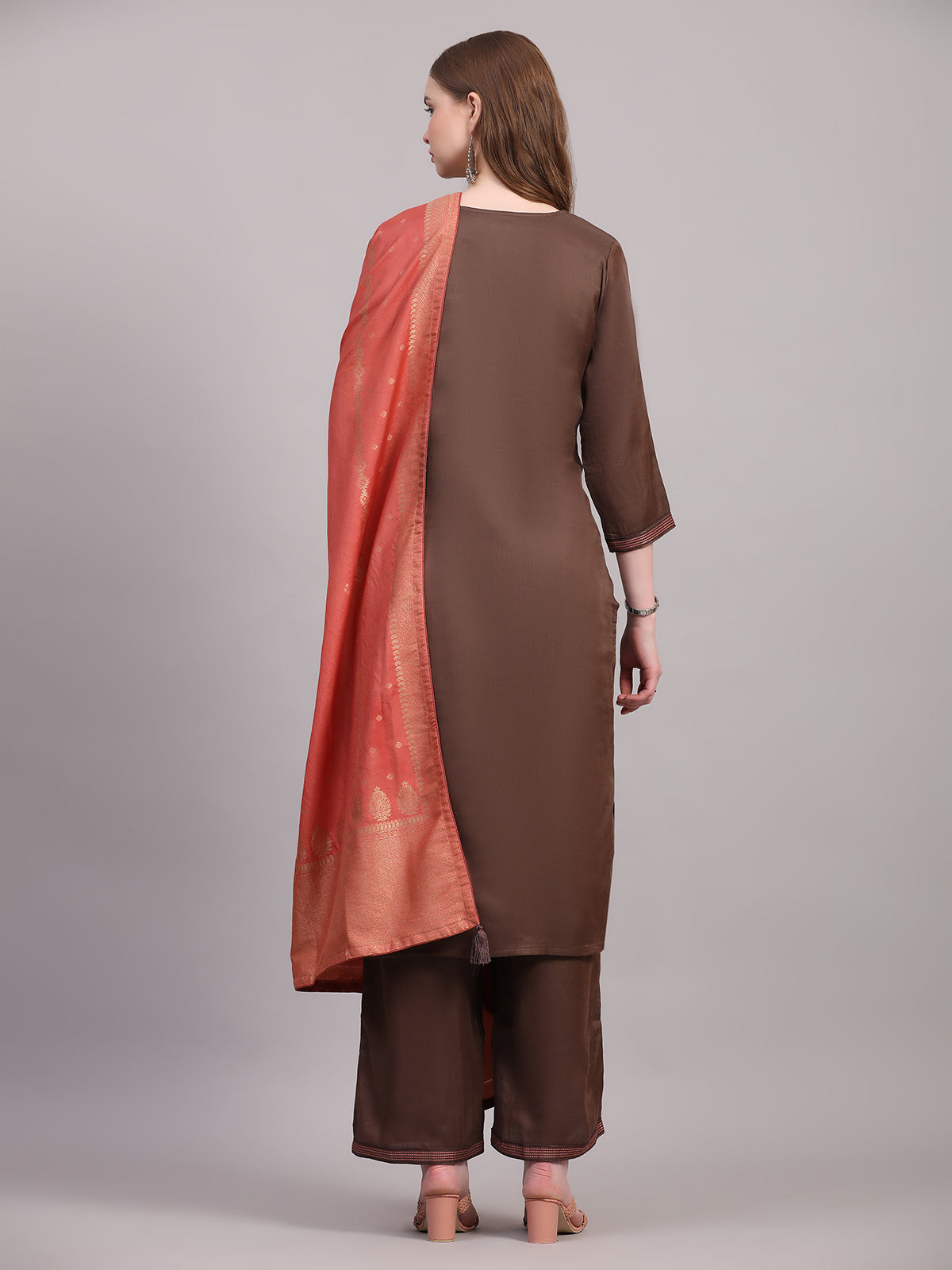 Brown Viscose Embroidered Stitched Kurta Set