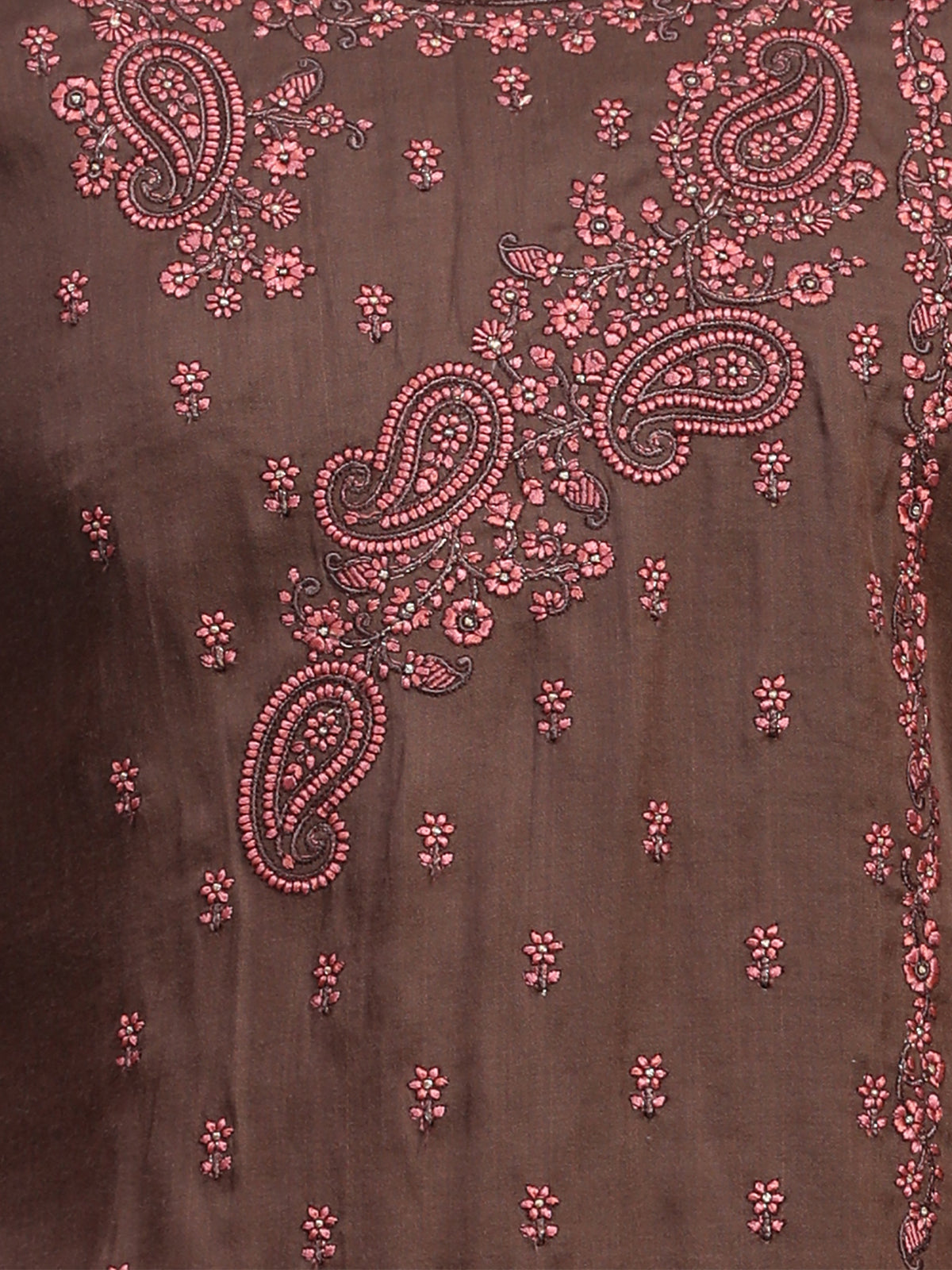 Brown Viscose Embroidered Stitched Kurta Set