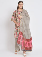 Cream Cotton Floral Printed Stitched Kurta Set