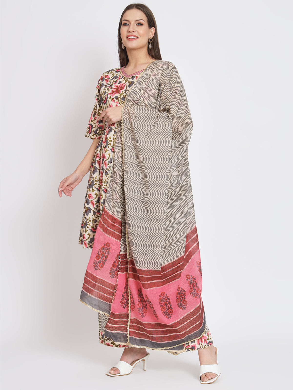Cream Cotton Floral Printed Stitched Kurta Set