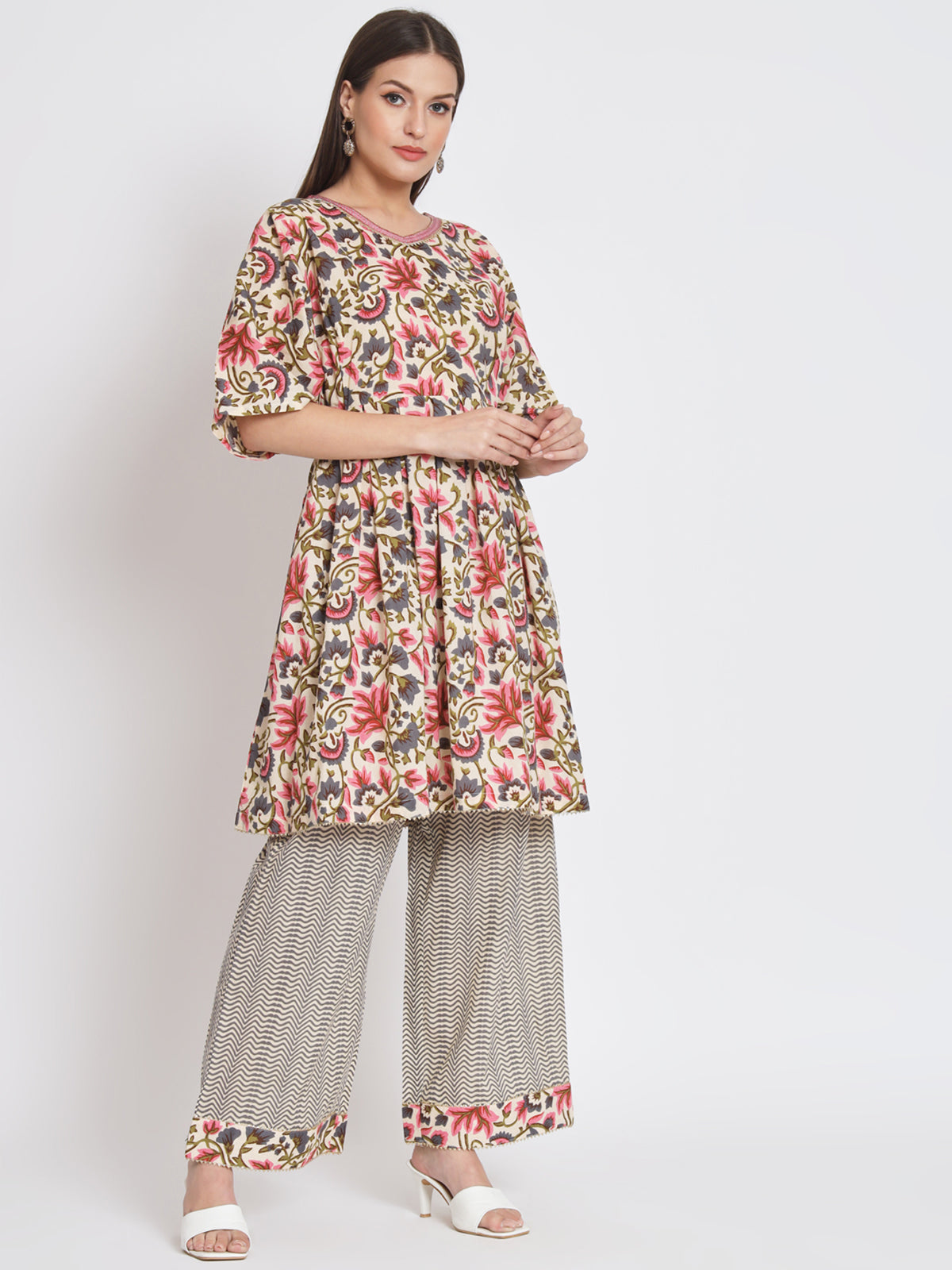 Cream Cotton Floral Printed Stitched Kurta Set