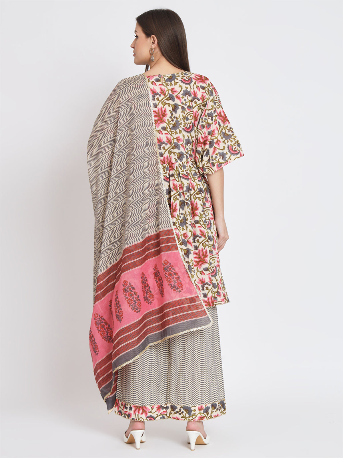 Cream Cotton Floral Printed Stitched Kurta Set