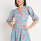 Blue Cotton Floral Prtinted Stitched Indo western Dress