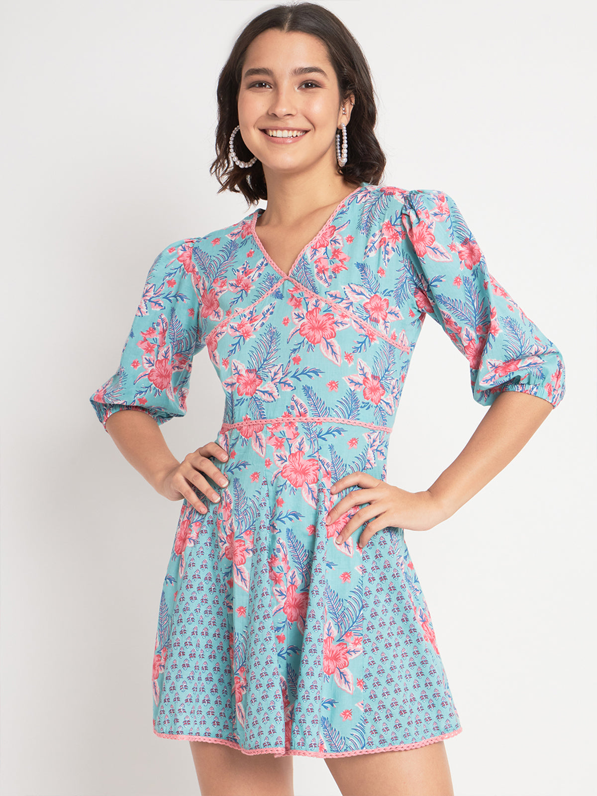 Blue Cotton Floral Prtinted Stitched Indo western Dress