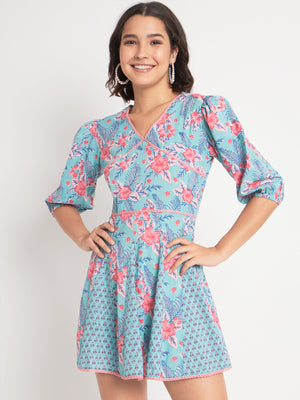 Blue Cotton Floral Prtinted Stitched Indo western Dress
