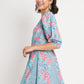 Blue Cotton Floral Prtinted Stitched Indo western Dress