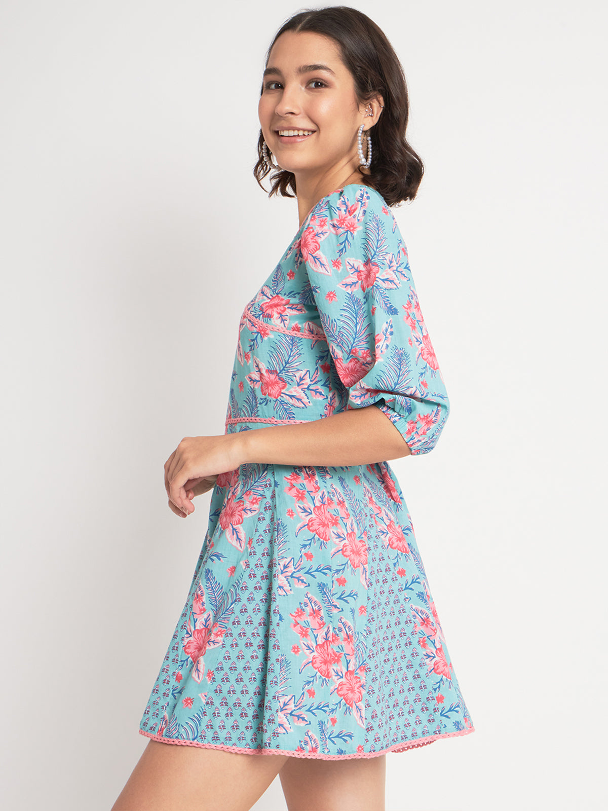 Blue Cotton Floral Prtinted Stitched Indo western Dress
