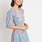 Blue Cotton Floral Prtinted Stitched Indo western Dress